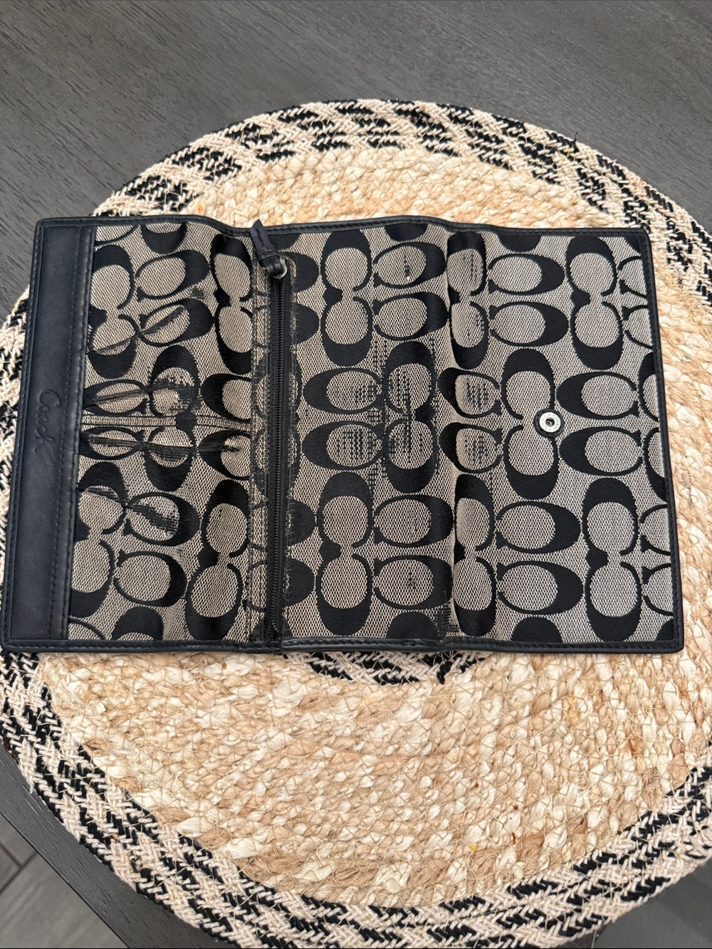 Coach Signature C Monogram Trifold Wallet Black Grey Jacquard Canvas Leather - Picture 9 of 11